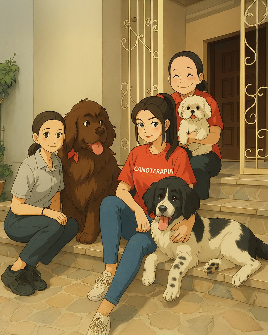 Ilustración del equipo de Canoterapia con sus perros de terapia